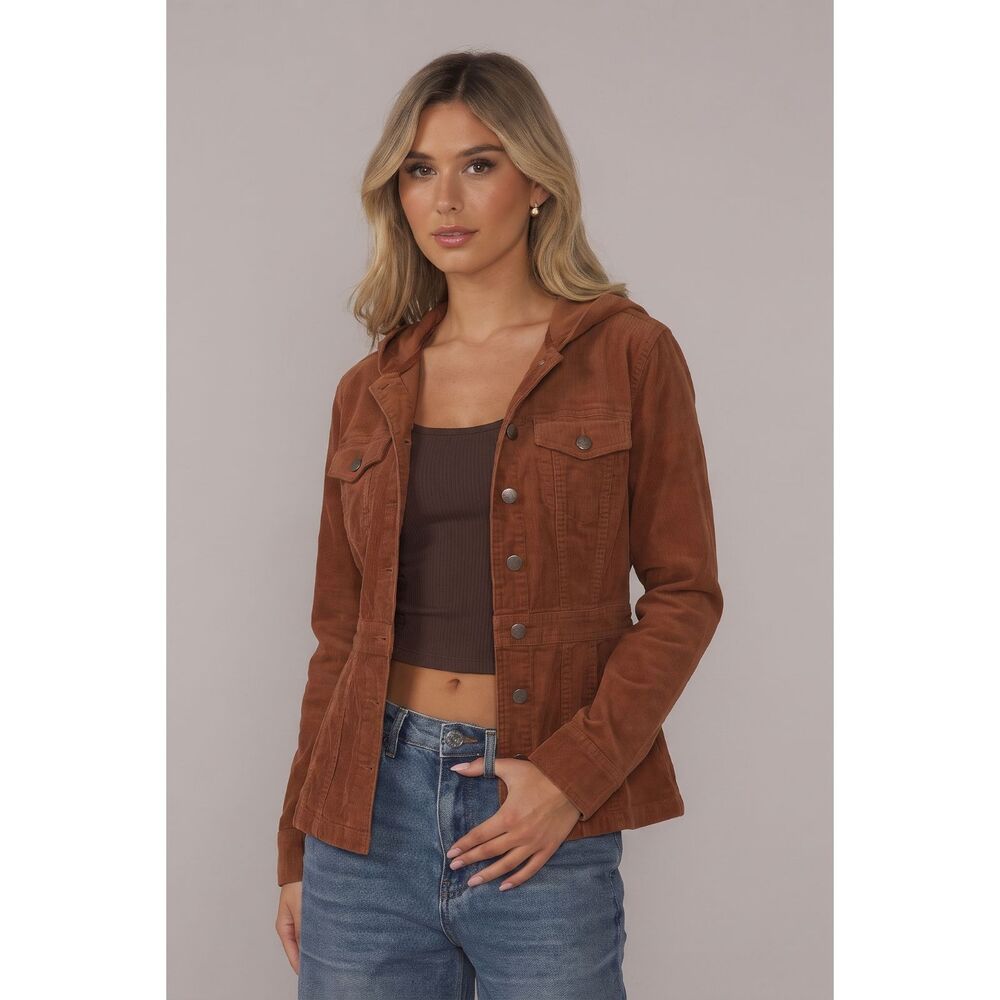 Y2K Tilt Corduroy Jacket Rust Brown Hooded Button Front 100% Cotton Size Large